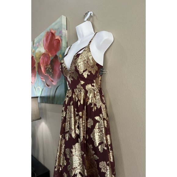 Dear Moon Formal Dress Sz 3 Burgundy‎ Metallic Gold Floral Print Maxi V-Neck - Picture 4 of 10